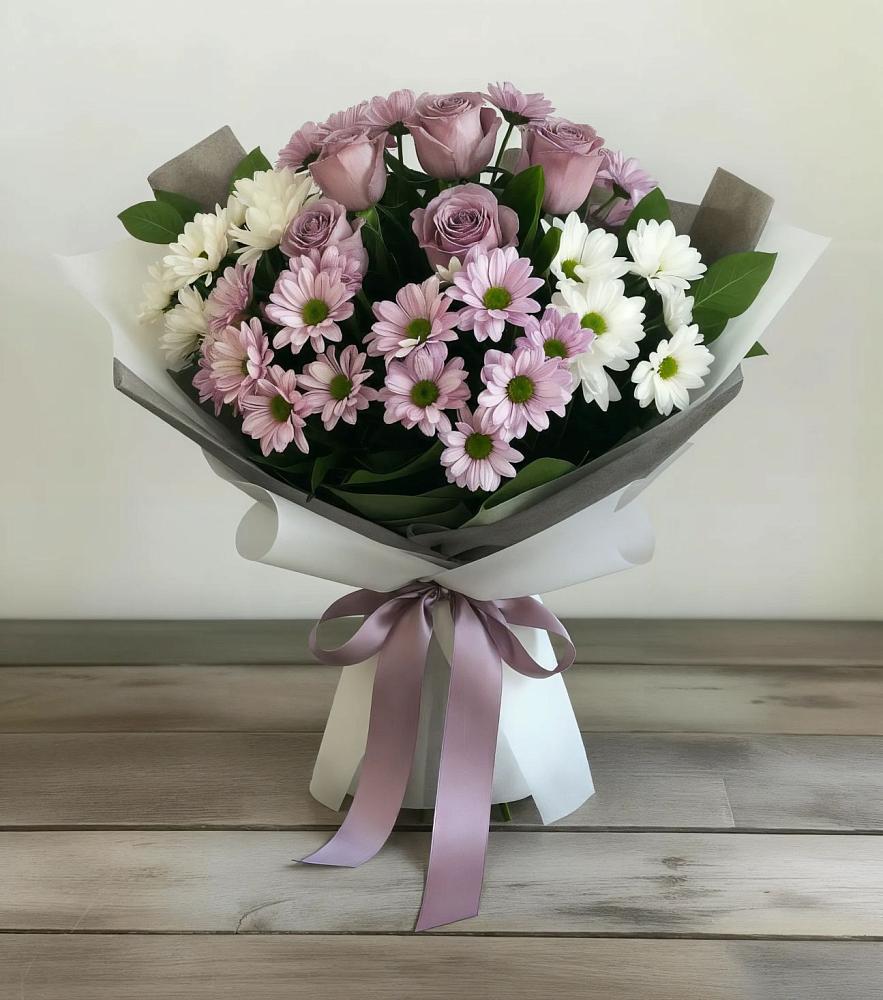 Букет цветов из: Хризантемы и Розы в Заозерном