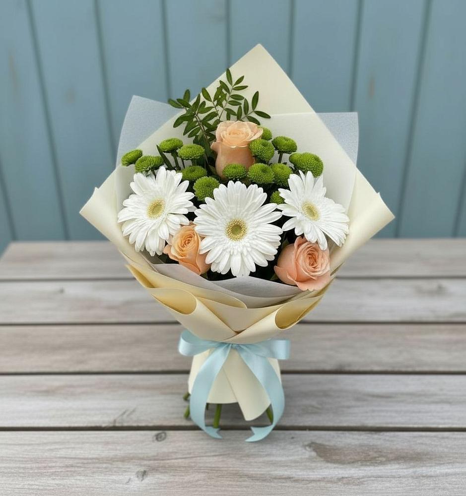 Букет цветов из: Герберы, Розы и Хризантемы в Заозерном