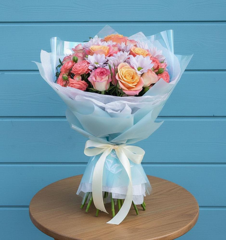 Букет цветов из: Хризантемы и Розы в Заозерном