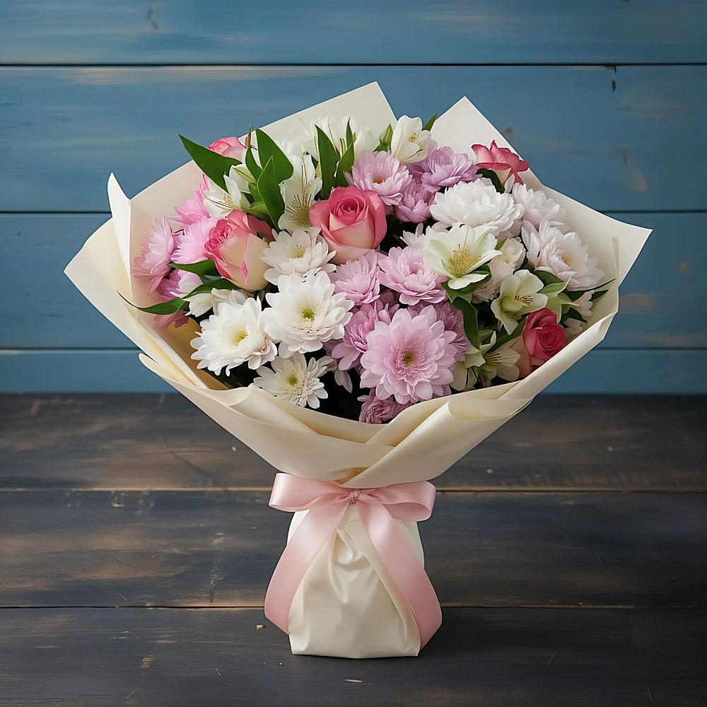 Букет цветов из: Хризантемы, Альстромерии и Розы в Заозерном